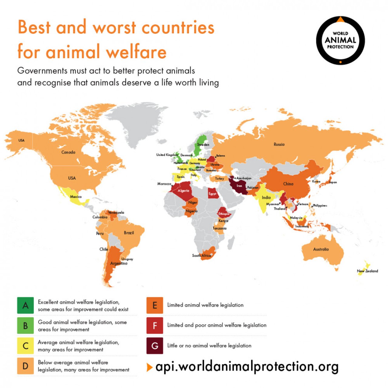 Animal Protection Index - dyrevelfærdsindekset - landenes scorer