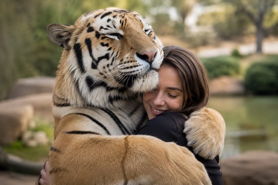 AI-genereret billede af tiger, der krammer ung kvinde