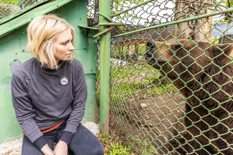 Lina Dahl kigger ind gennem jerngitteret til bjørnen Baloo.